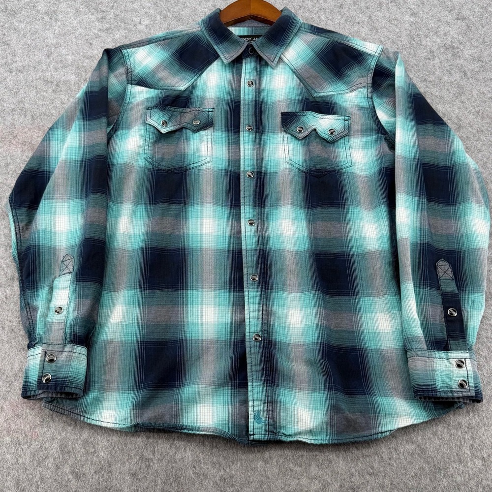 Cody James Mens Medium Teal Navy Plaid Long Sleeve Western Pearl Snap Shirt